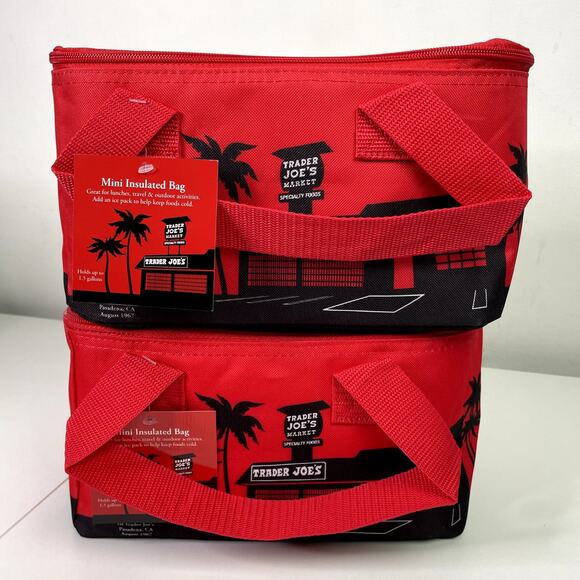 Set of 2 — Trader Joe’s Mini Reusable Insulated Cooler Tote Bags — Christmas Red - Picture 1 of 9